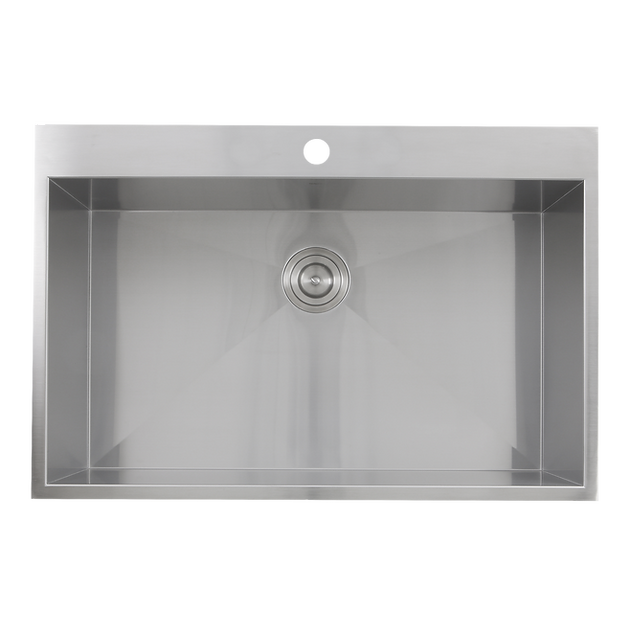 Nantucket Sinks Pro Series 33" Rectangle Drop-in Brushed Satin Silver 304 Stainless Steel Single Bowl Zero Radius 16-Gauge 3-Hole Kitchen Sink