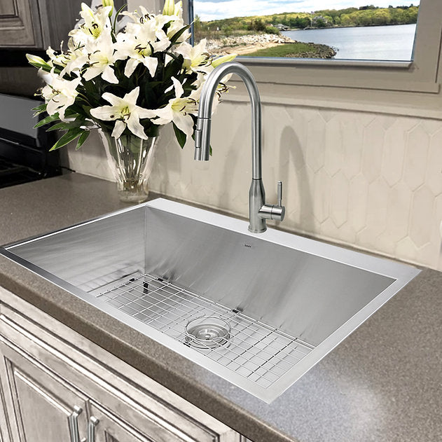 Nantucket Sinks Pro Series 33" Rectangle Drop-in Brushed Satin Silver 304 Stainless Steel Single Bowl Zero Radius 16-Gauge 3-Hole Kitchen Sink