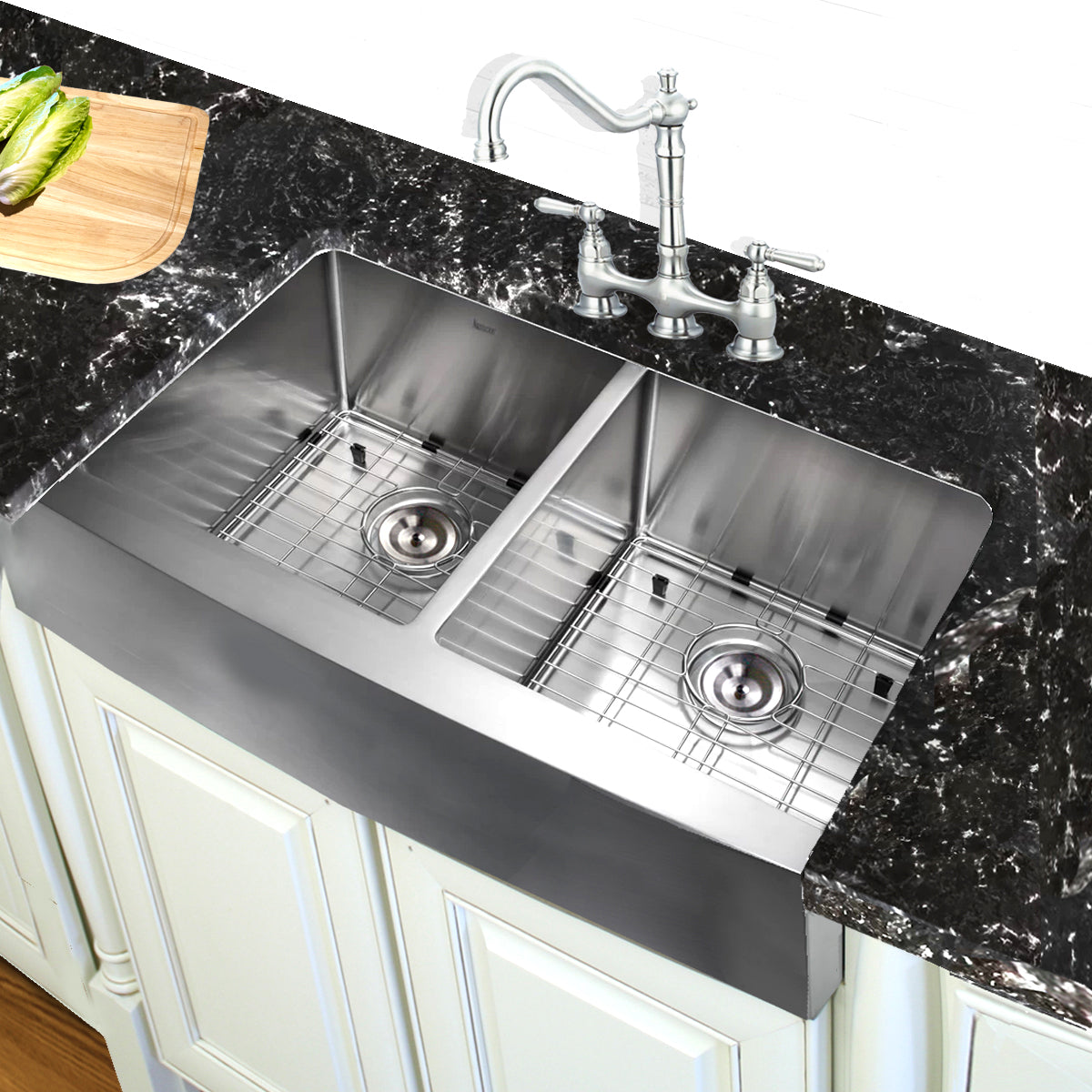 Nantucket Sinks Pro Series 33" Rectangle Undermount Brushed Satin Silver 304 Stainless Steel Double Bowl Farmhouse Apron Kitchen Sink