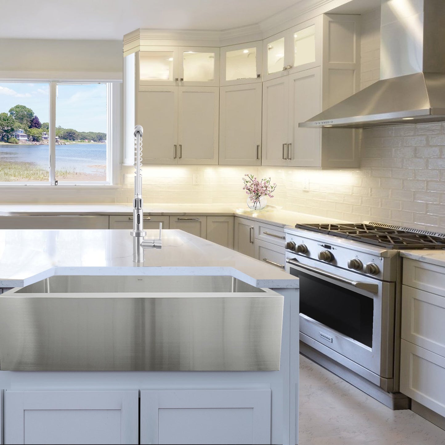 Nantucket Sinks Pro Series 33" Rectangle Undermount Brushed Satin Silver 304 Stainless Steel Single Bowl Small Radius Farmhouse Apron Kitchen Sink