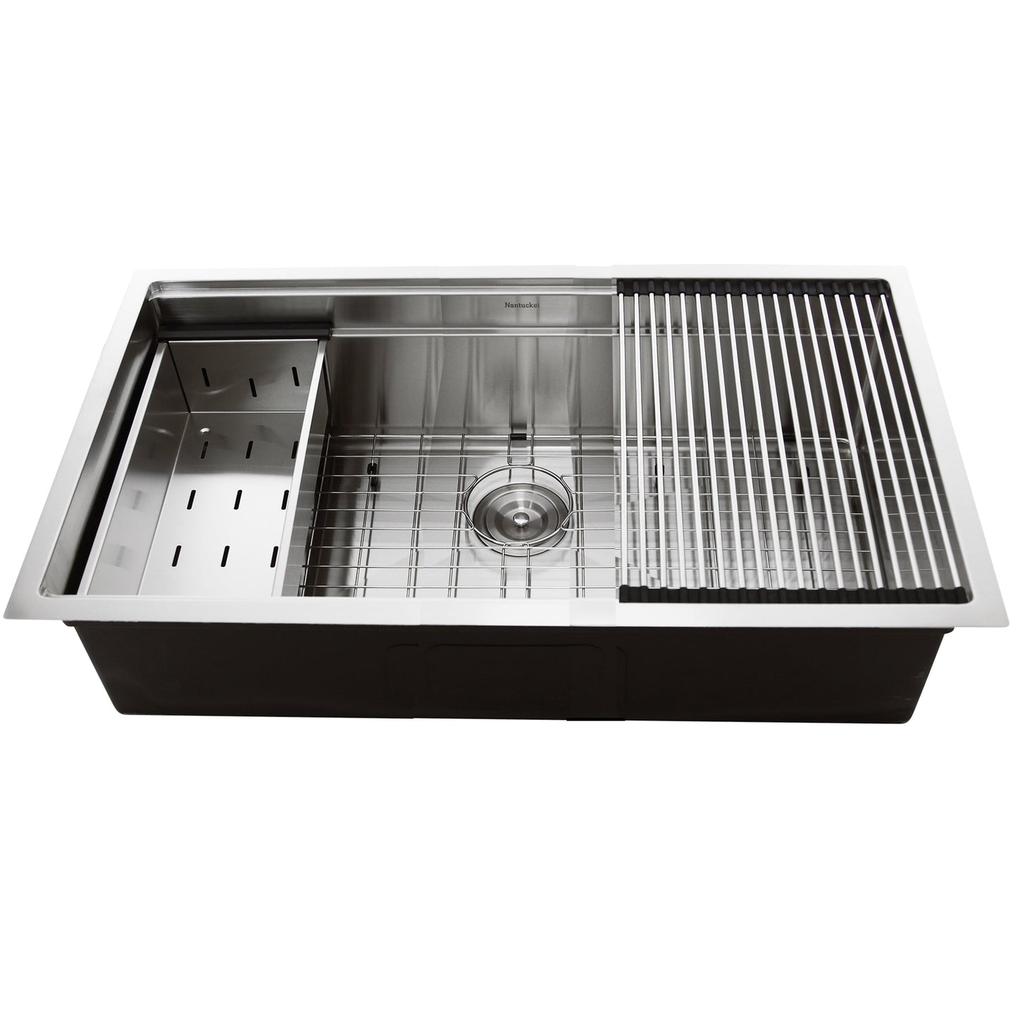 Nantucket Sinks Pro Series 36" Rectangle Undermount Brushed Satin 304 Stainless Steel Large Prep Station Single Bowl Small Radius Kitchen Sink With Compatible Accessories