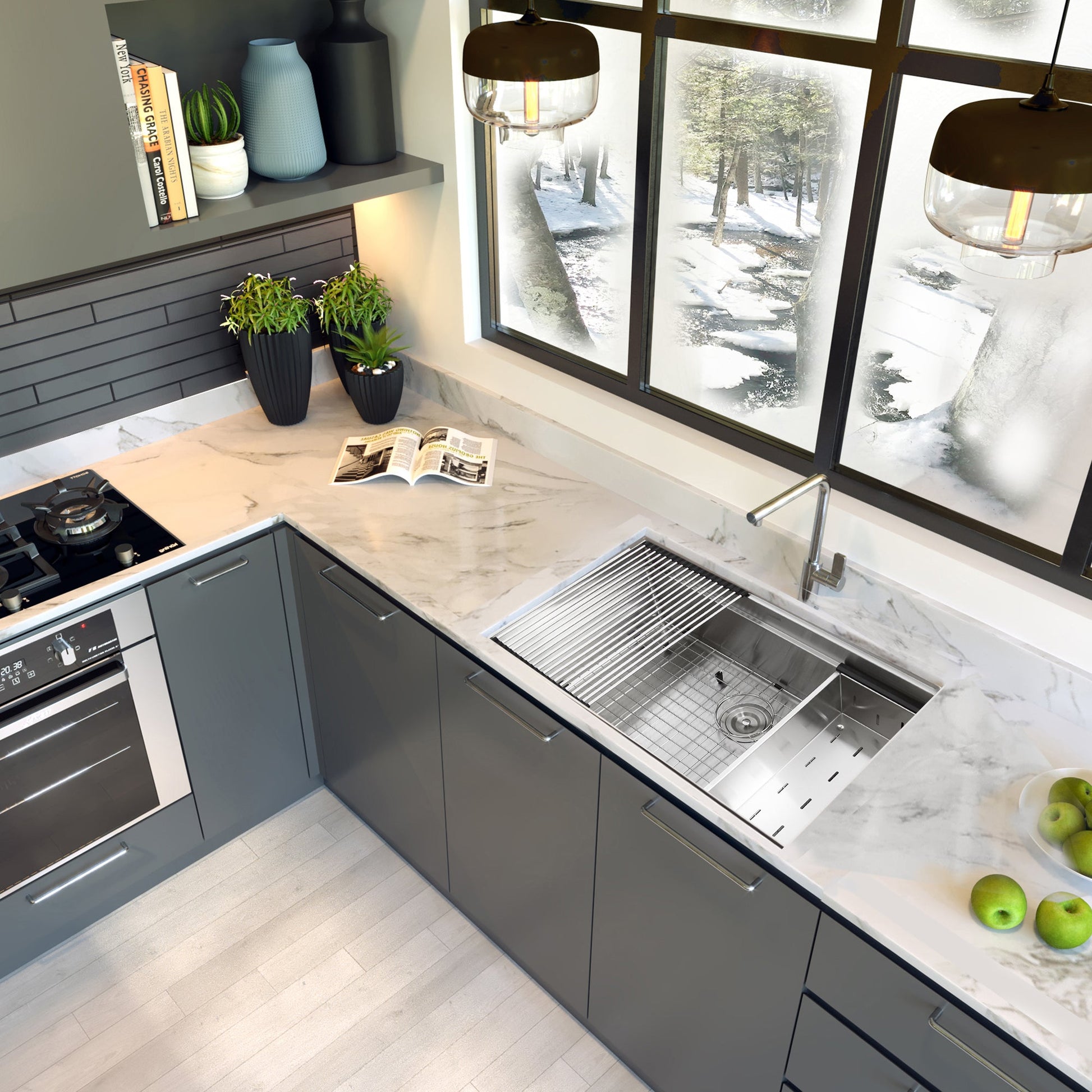 Nantucket Sinks Pro Series 36" Rectangle Undermount Brushed Satin 304 Stainless Steel Large Prep Station Single Bowl Small Radius Kitchen Sink With Compatible Accessories