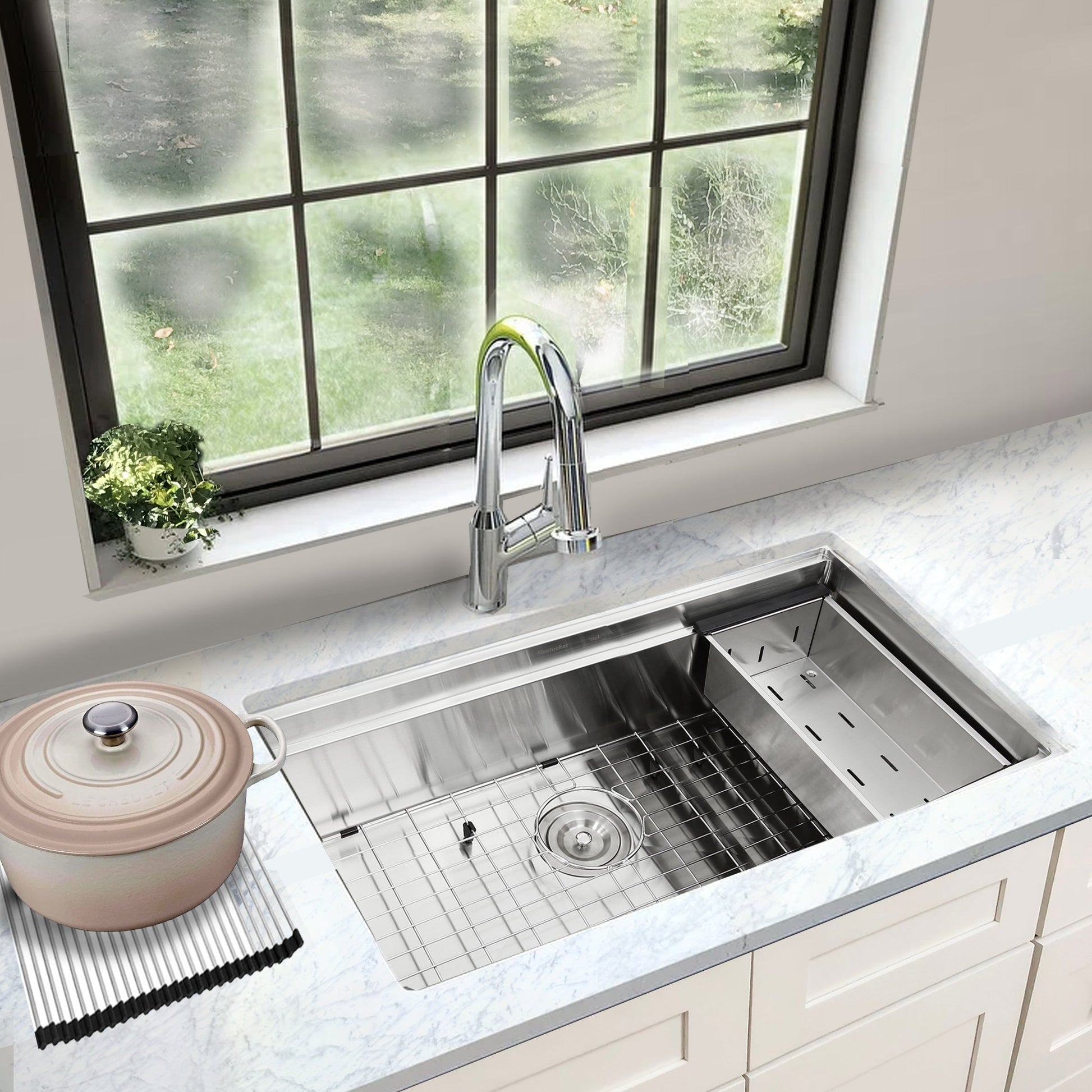 Nantucket Sinks Pro Series 36" Rectangle Undermount Brushed Satin 304 Stainless Steel Large Prep Station Single Bowl Small Radius Kitchen Sink With Compatible Accessories
