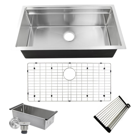 Nantucket Sinks Pro Series 36" Rectangle Undermount Brushed Satin 304 Stainless Steel Large Prep Station Single Bowl Small Radius Kitchen Sink With Compatible Accessories