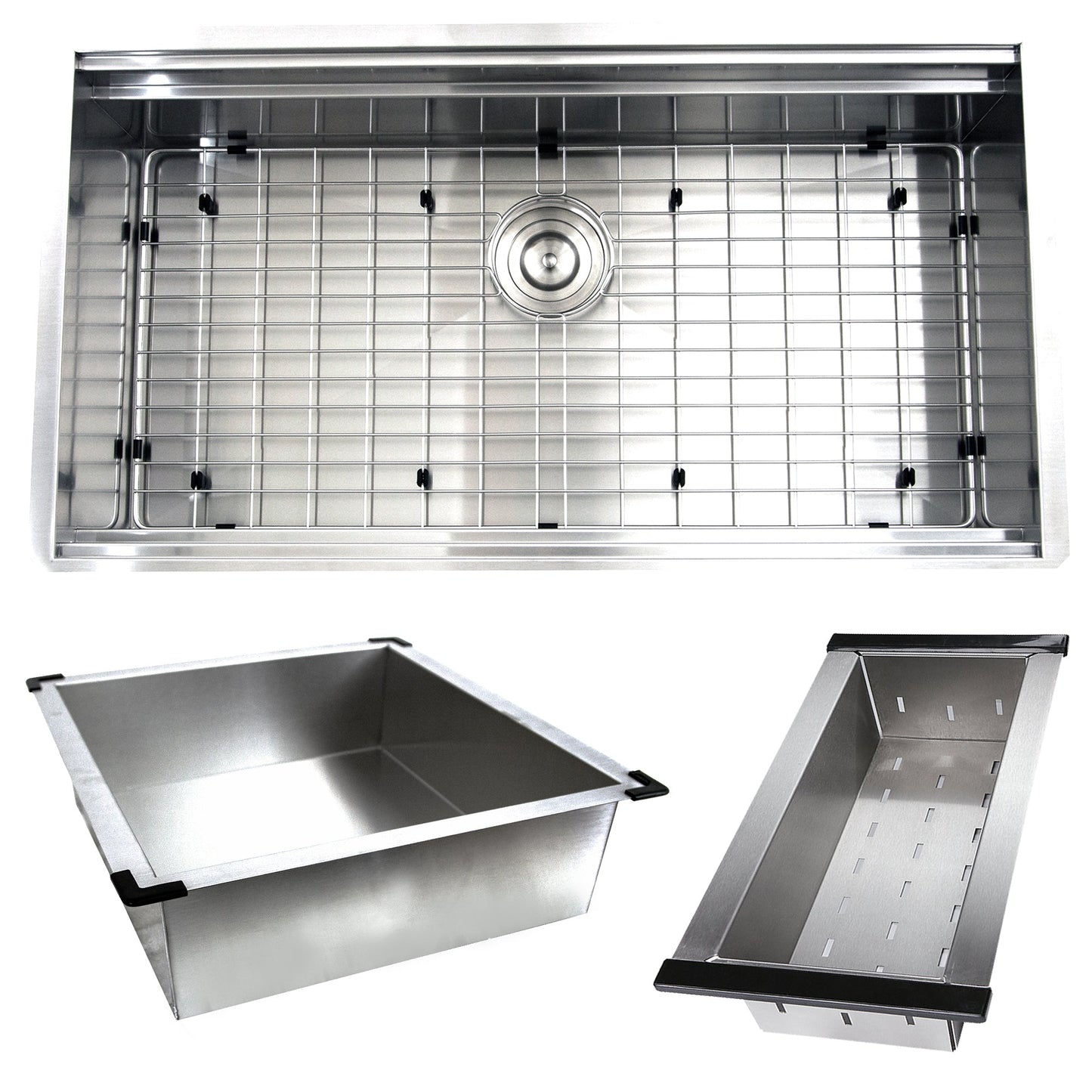 Nantucket Sinks Pro Series 36" Rectangle Undermount Brushed Satin 304 Stainless Steel Large Prep Station Single Bowl Zero Radius Kitchen Sink With Compatible Accessories