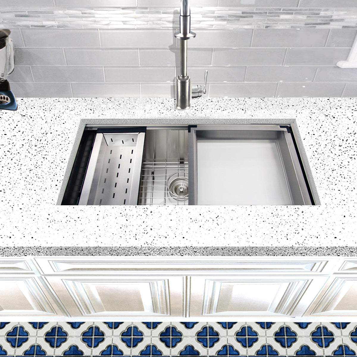 Nantucket Sinks Pro Series 36" Rectangle Undermount Brushed Satin 304 Stainless Steel Large Prep Station Single Bowl Zero Radius Kitchen Sink With Compatible Accessories
