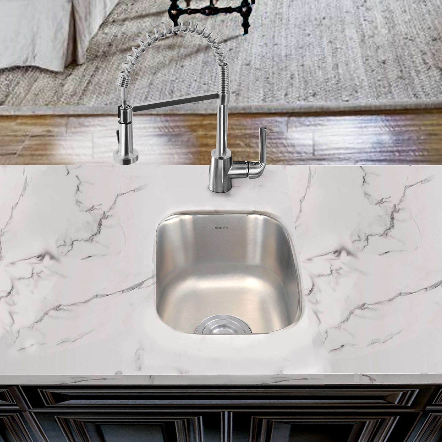 Nantucket Sinks Quidnet Collection 15" Rectangle Undermount Brushed Satin 304 Stainless Steel Single Bowl 18-Gauge Bar/Prep Sink