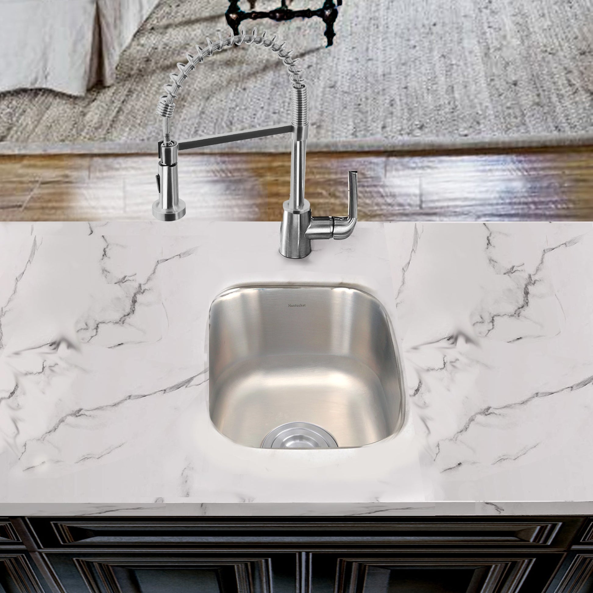 Nantucket Sinks Quidnet Collection 15" Rectangle Undermount Brushed Satin 304 Stainless Steel Single Bowl 18-Gauge Bar/Prep Sink