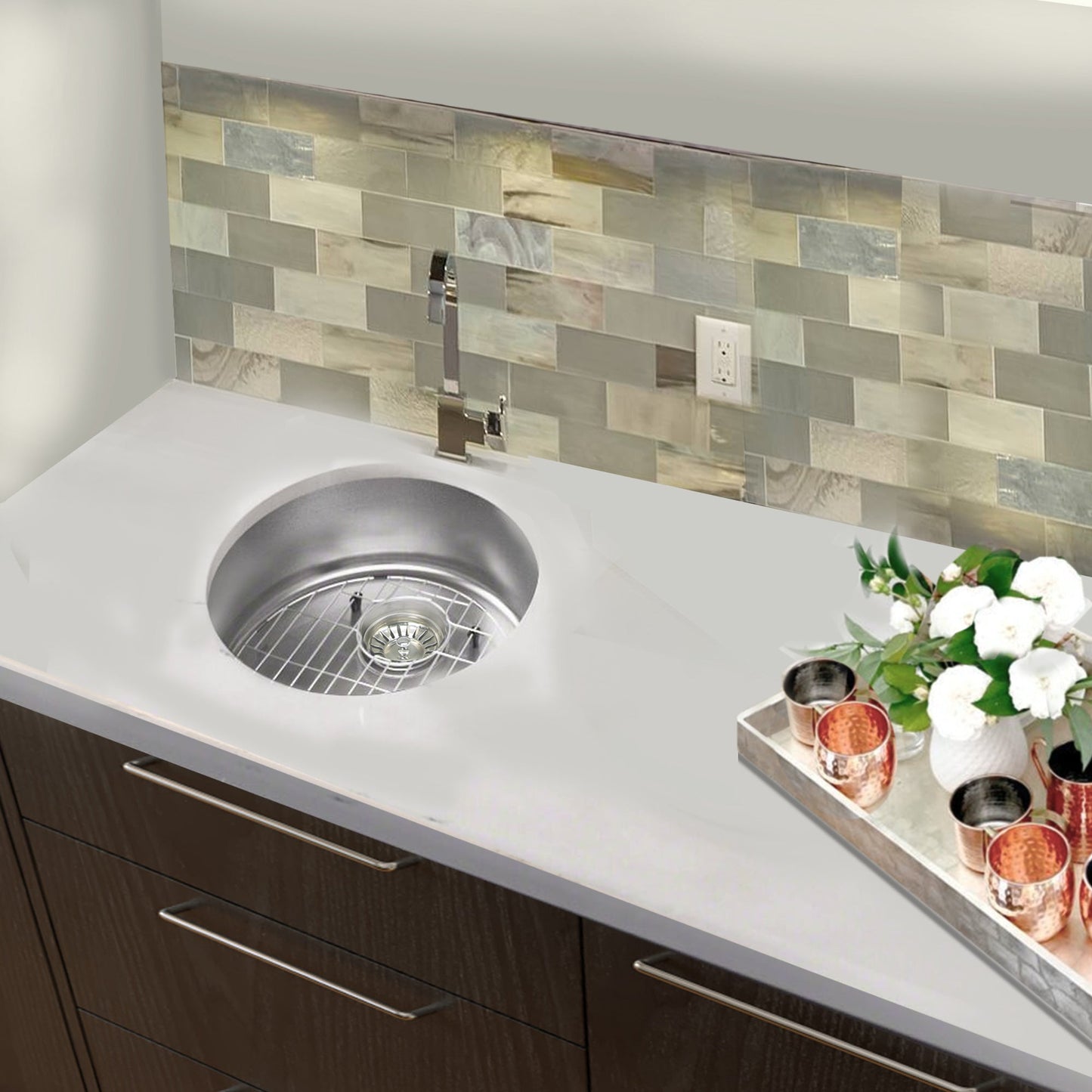 Nantucket Sinks Quidnet Collection 18" Round Undermount or topmount Brushed Satin 304 Stainless Steel Single Bowl 18-Gauge Bar/Prep Sink
