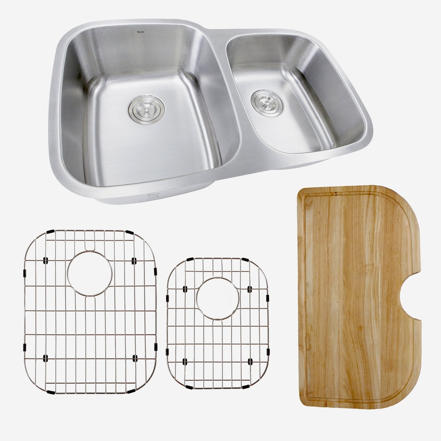 Nantucket Sinks Sconset Collection 32" Irregular Undermount Brushed Satin Silver 304 Stainless Steel 60/40 Double Bowl 16-Gauge Kitchen Sink With Cutting Board, Grids, and Colander Drains