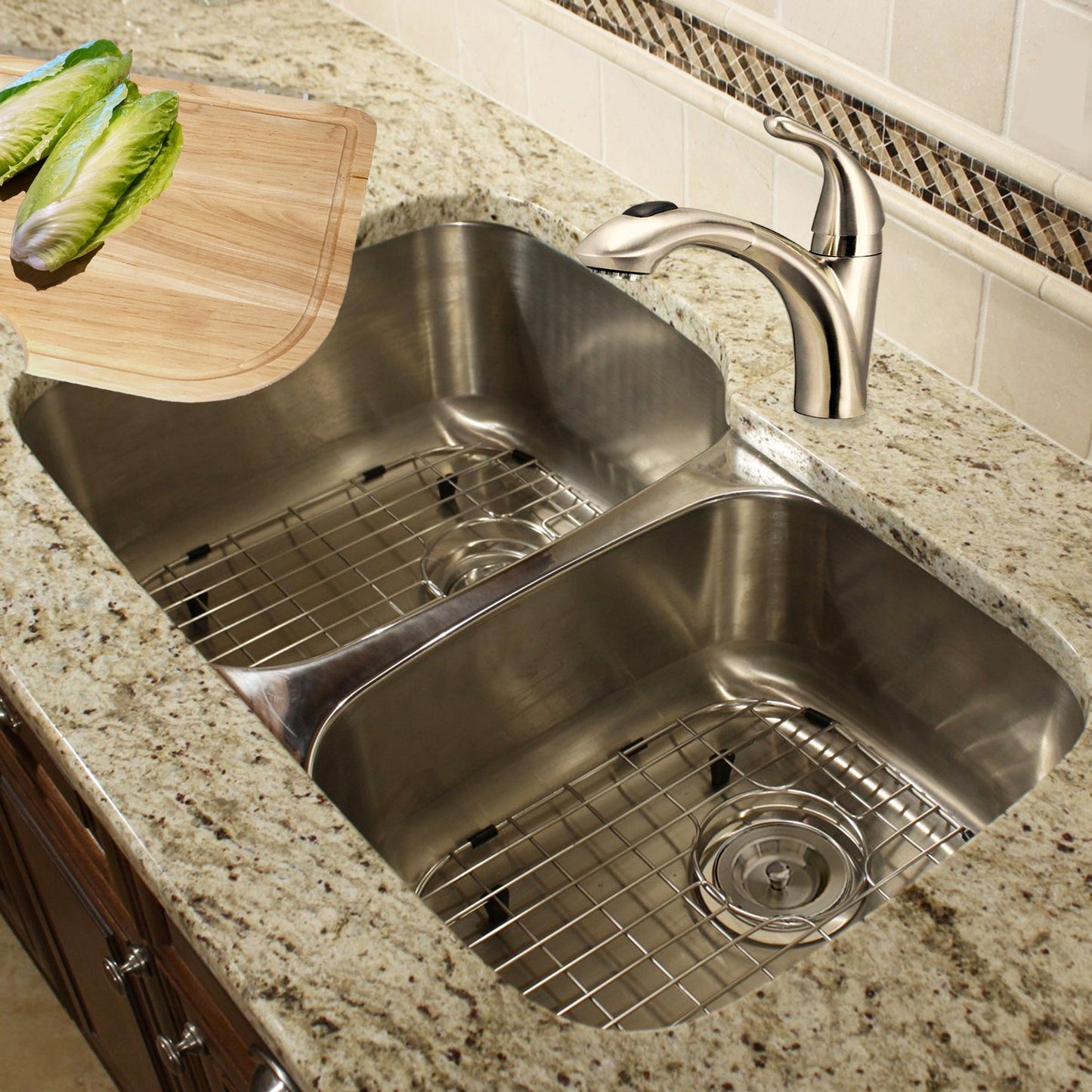 Nantucket Sinks Sconset Collection 32" Irregular Undermount Brushed Satin Silver 304 Stainless Steel 60/40 Double Bowl 16-Gauge Kitchen Sink With Cutting Board, Grids, and Colander Drains