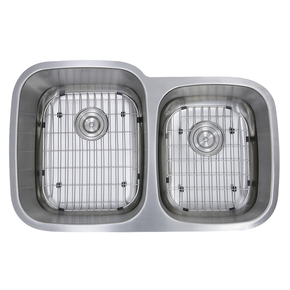 Nantucket Sinks Sconset Collection 32" Irregular Undermount Brushed Satin Silver 304 Stainless Steel 60/40 Double Bowl 16-Gauge Kitchen Sink With Cutting Board, Grids, and Colander Drains