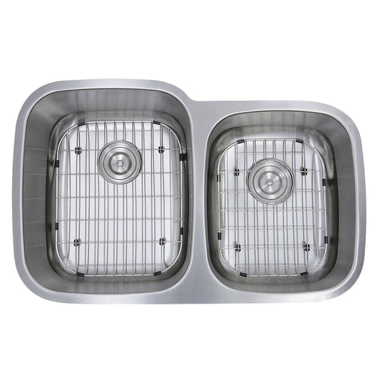 Nantucket Sinks Sconset Collection 32" Irregular Undermount Brushed Satin Silver 304 Stainless Steel 60/40 Double Bowl 16-Gauge Kitchen Sink With Cutting Board, Grids, and Colander Drains