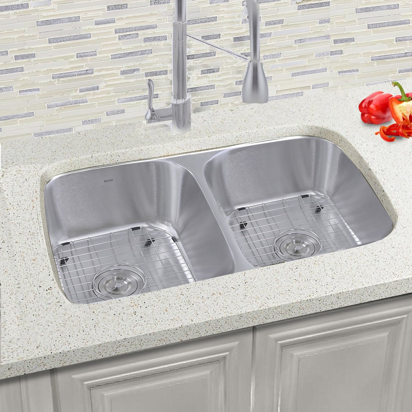 Nantucket Sinks Sconset Collection 33" Rectangle Undermount Brushed Satin Silver 304 Stainless Steel Double Bowl 16-Gauge Kitchen Sink