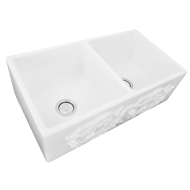 Nantucket Sinks Vineyard 33" Double Bowl Farmhouse Fireclay Kitchen Sink With Grapes Vine Motif Apron