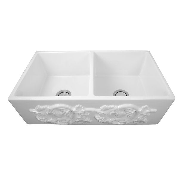 Nantucket Sinks Vineyard 33" Double Bowl Farmhouse Fireclay Kitchen Sink With Grapes Vine Motif Apron