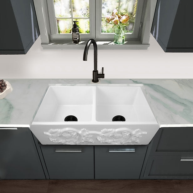 Nantucket Sinks Vineyard 33" Double Bowl Farmhouse Fireclay Kitchen Sink With Grapes Vine Motif Apron