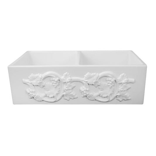 Nantucket Sinks Vineyard 33" Double Bowl Farmhouse Fireclay Kitchen Sink With Grapes Vine Motif Apron