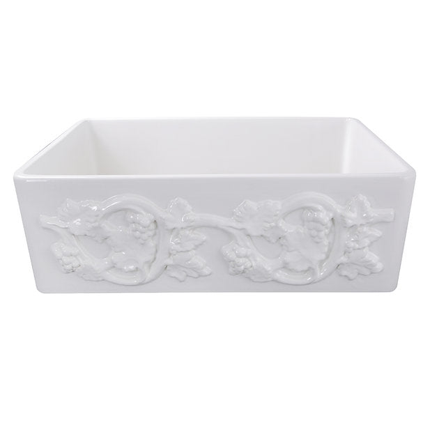 Nantucket Sinks Vineyard 33" Farmhouse Fireclay Kitchen Sink With Grapes Vine Motif Apron