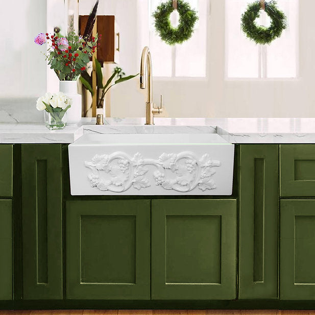 Nantucket Sinks Vineyard 33" Farmhouse Fireclay Kitchen Sink With Grapes Vine Motif Apron