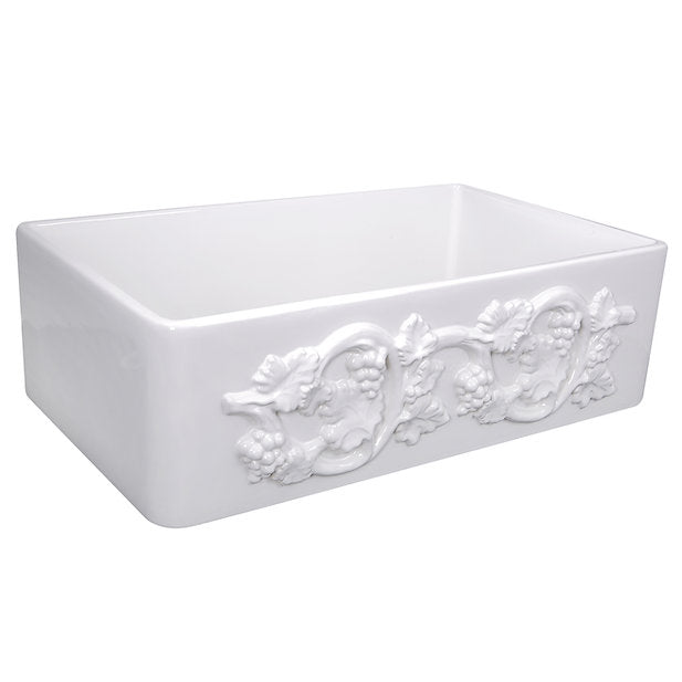 Nantucket Sinks Vineyard 33" Farmhouse Fireclay Kitchen Sink With Grapes Vine Motif Apron