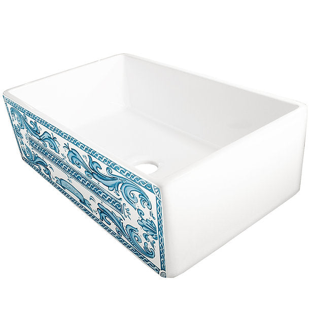 Nantucket Sinks Vineyard 33" Porcelain Enamel Glaze Fireclay Farmhouse Apron Rectangle White/Blue Sink