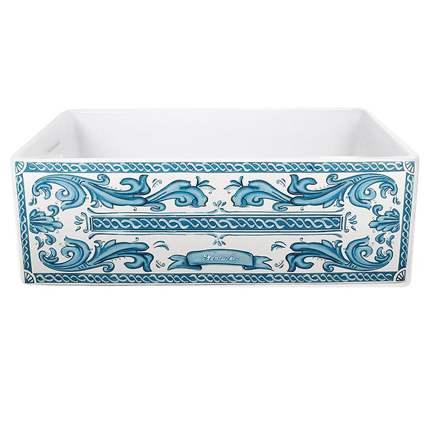Nantucket Sinks Vineyard 33" Porcelain Enamel Glaze Fireclay Farmhouse Apron Rectangle White/Blue Sink
