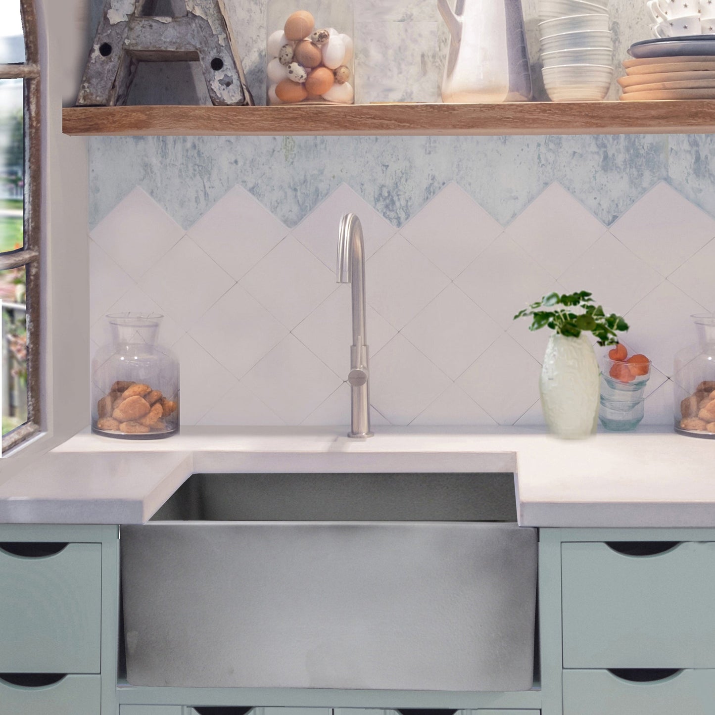 Nantucket Sinks Vineyard Collection 23" Rectangle Undermount Porcelain Enamel Glaze Grey Fireclay Single Bowl Farmhouse Apron Kitchen Sink With Concrete Finish