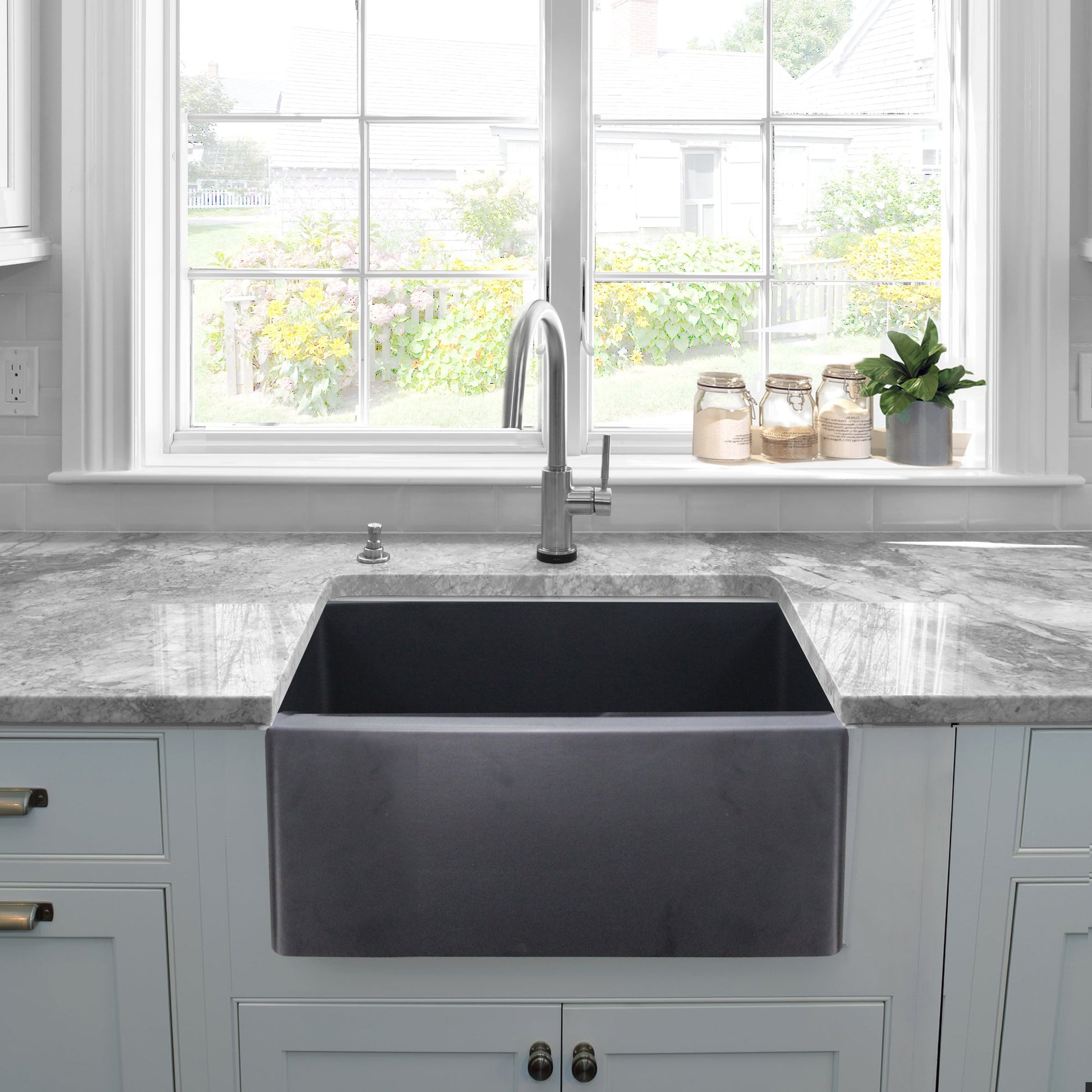 Nantucket Sinks Vineyard Collection 23" Rectangle Undermount Porcelain Enamel Glaze Grey Fireclay Single Bowl Farmhouse Apron Kitchen Sink With Matte Black Finish