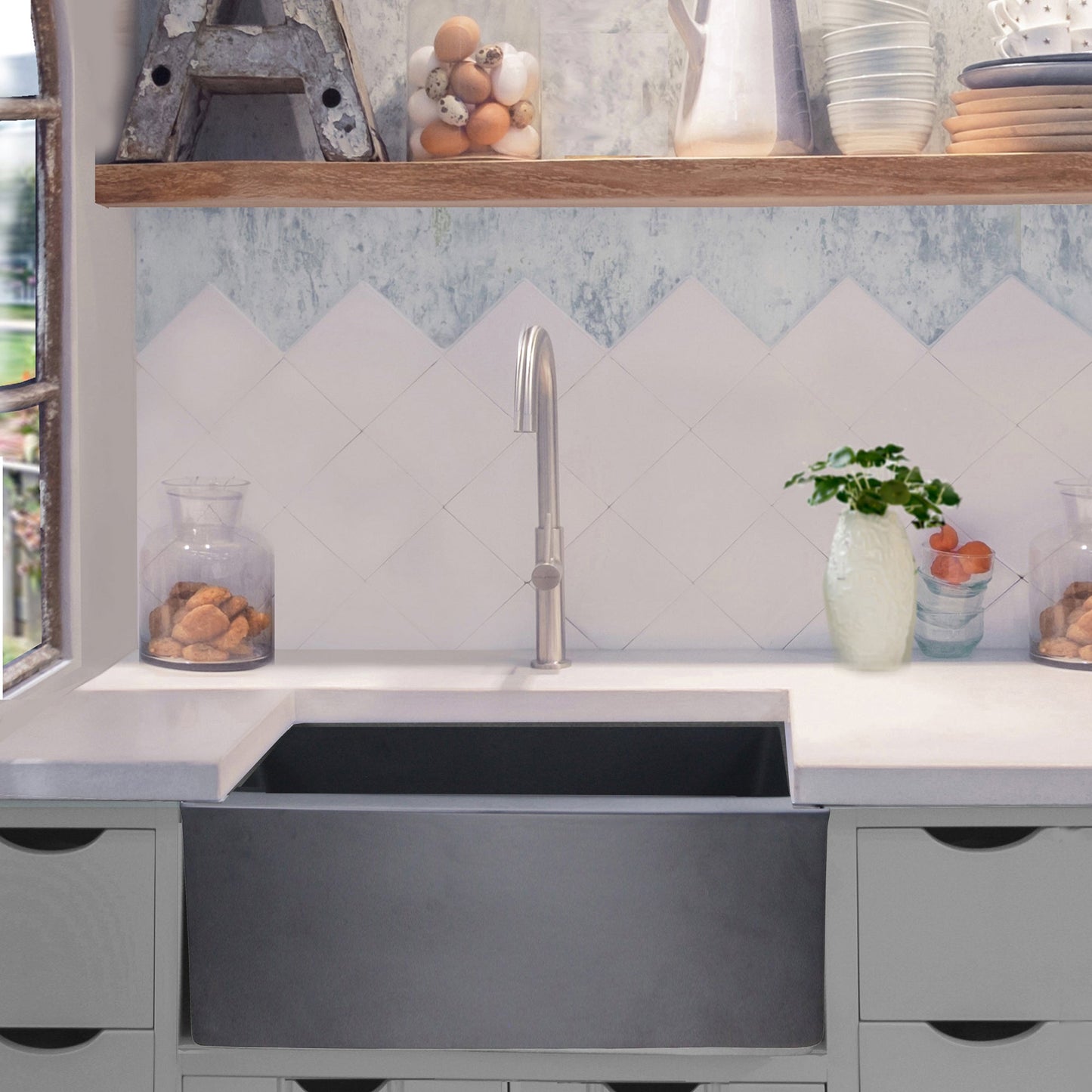 Nantucket Sinks Vineyard Collection 23" Rectangle Undermount Porcelain Enamel Glaze Grey Fireclay Single Bowl Farmhouse Apron Kitchen Sink With Matte Black Finish