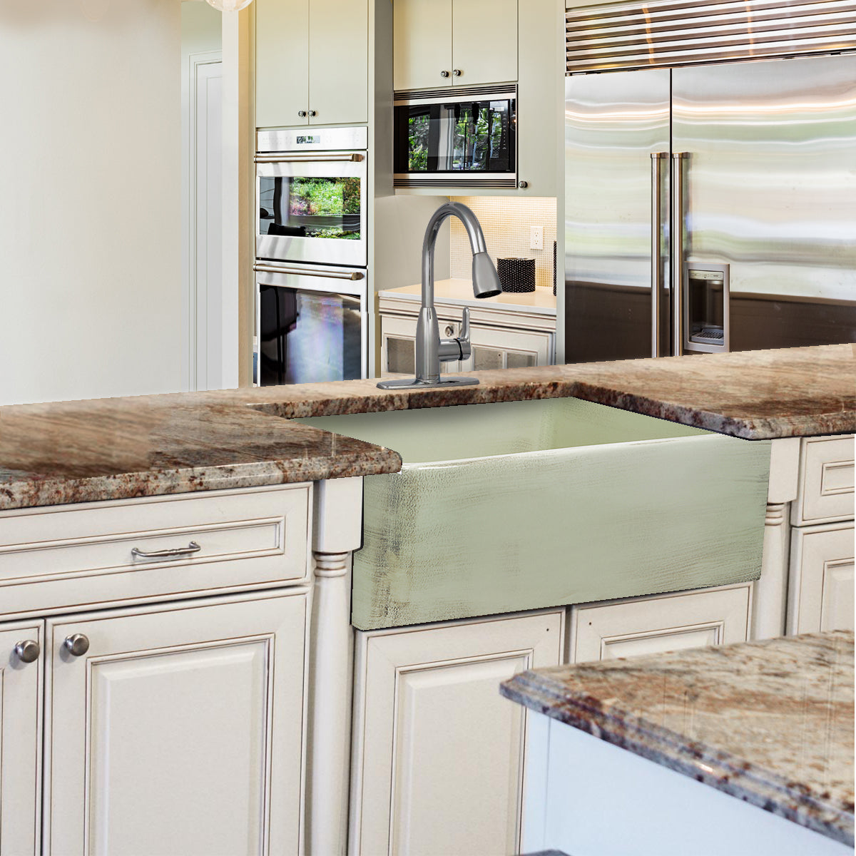 Nantucket Sinks Vineyard Collection 30" Rectangle Undermount Porcelain Enamel Glaze Light Green Fireclay Single Bowl Farmhouse Apron Kitchen Sink With Shabby Green Finish