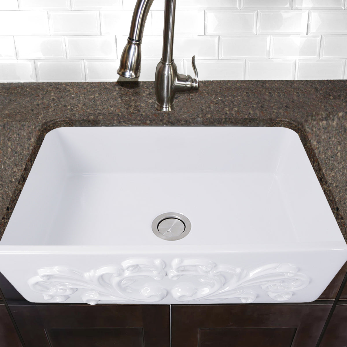 Nantucket Sinks Vineyard Collection 30" Rectangle Undermount Porcelain Enamel Glaze White Fireclay Single Bowl Farmhouse Kitchen Sink With Filigree Apron