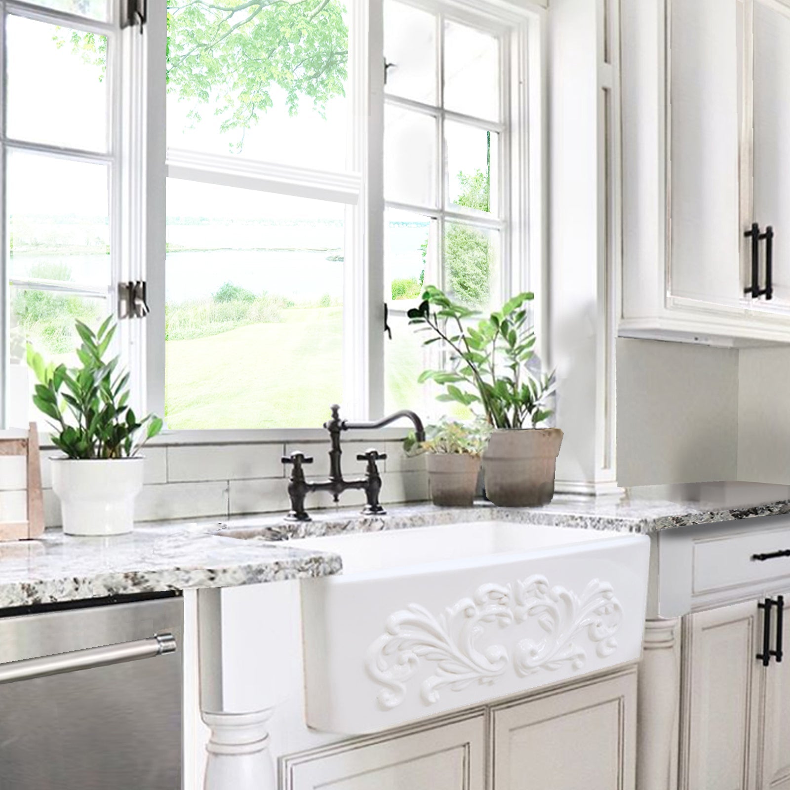 Nantucket Sinks Vineyard Collection 30" Rectangle Undermount Porcelain Enamel Glaze White Fireclay Single Bowl Farmhouse Kitchen Sink With Filigree Apron