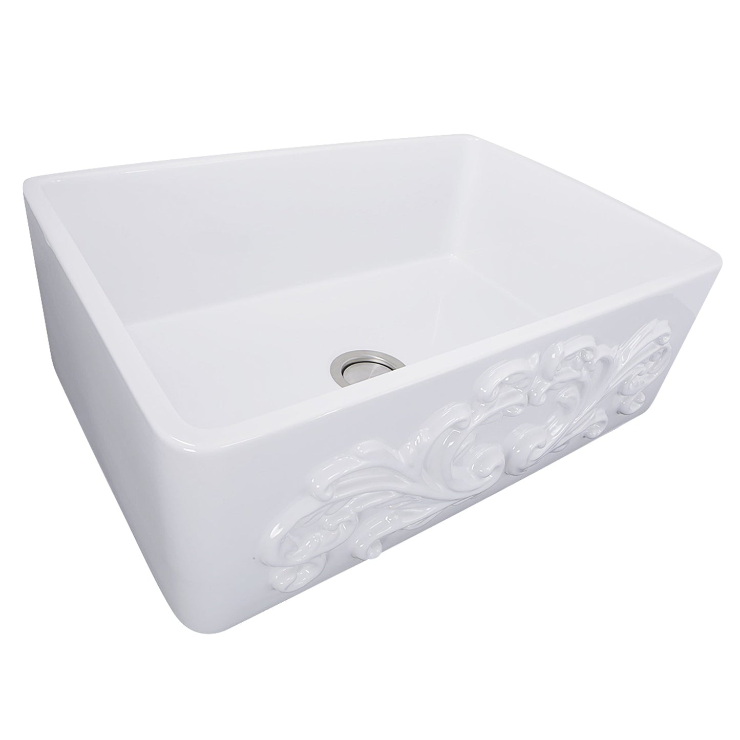 Nantucket Sinks Vineyard Collection 30" Rectangle Undermount Porcelain Enamel Glaze White Fireclay Single Bowl Farmhouse Kitchen Sink With Filigree Apron