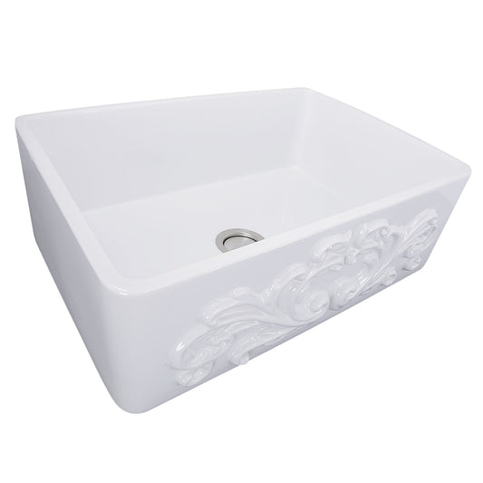 Nantucket Sinks Vineyard Collection 30" Rectangle Undermount Porcelain Enamel Glaze White Fireclay Single Bowl Farmhouse Kitchen Sink With Filigree Apron