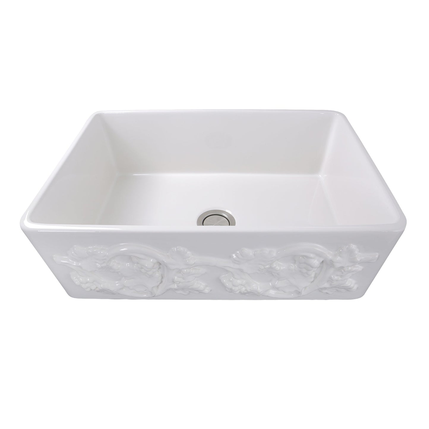 Nantucket Sinks Vineyard Collection 30" Rectangle Undermount Porcelain Enamel Glaze White Fireclay Single Bowl Farmhouse Kitchen Sink With Grapes Apron