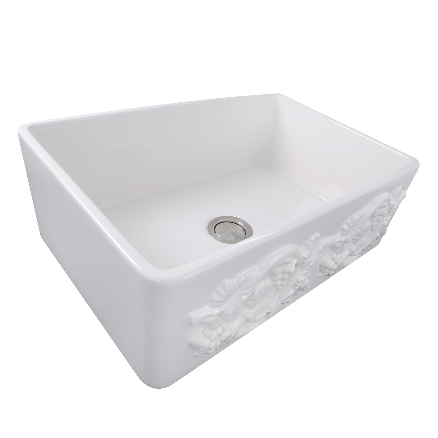 Nantucket Sinks Vineyard Collection 30" Rectangle Undermount Porcelain Enamel Glaze White Fireclay Single Bowl Farmhouse Kitchen Sink With Grapes Apron