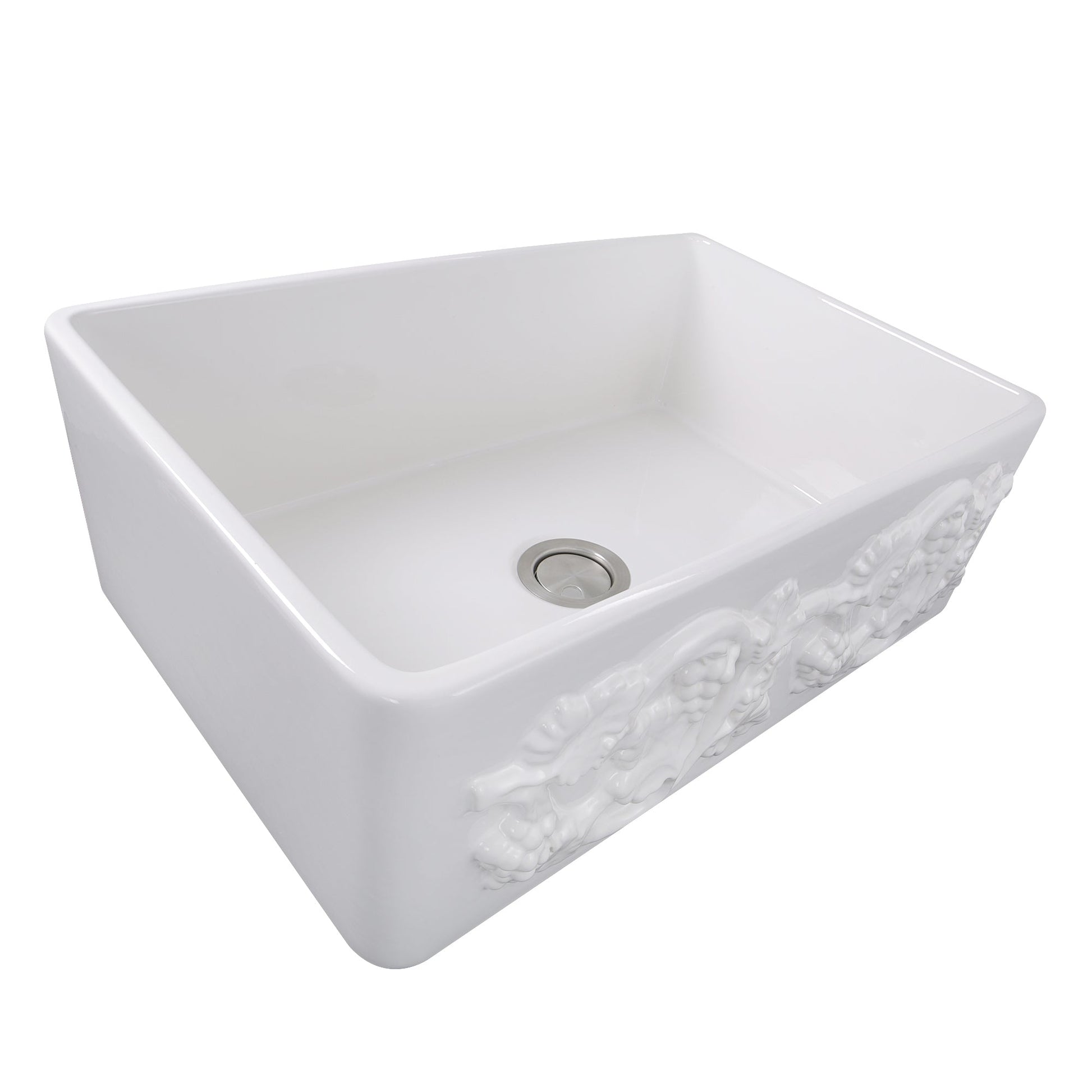 Nantucket Sinks Vineyard Collection 30" Rectangle Undermount Porcelain Enamel Glaze White Fireclay Single Bowl Farmhouse Kitchen Sink With Grapes Apron