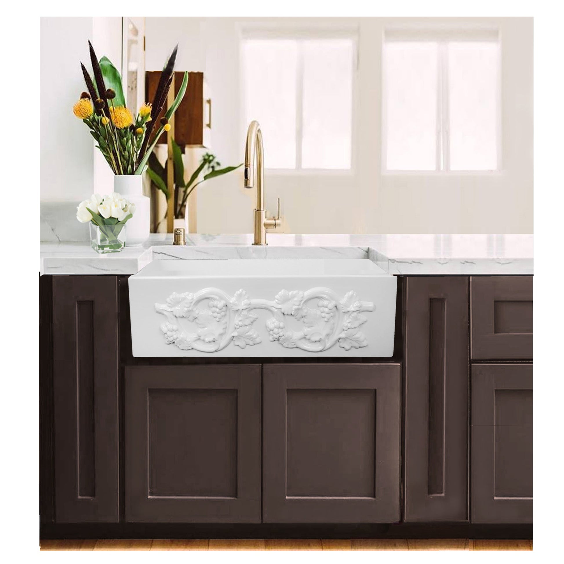 Nantucket Sinks Vineyard Collection 30" Rectangle Undermount Porcelain Enamel Glaze White Fireclay Single Bowl Farmhouse Kitchen Sink With Grapes Apron