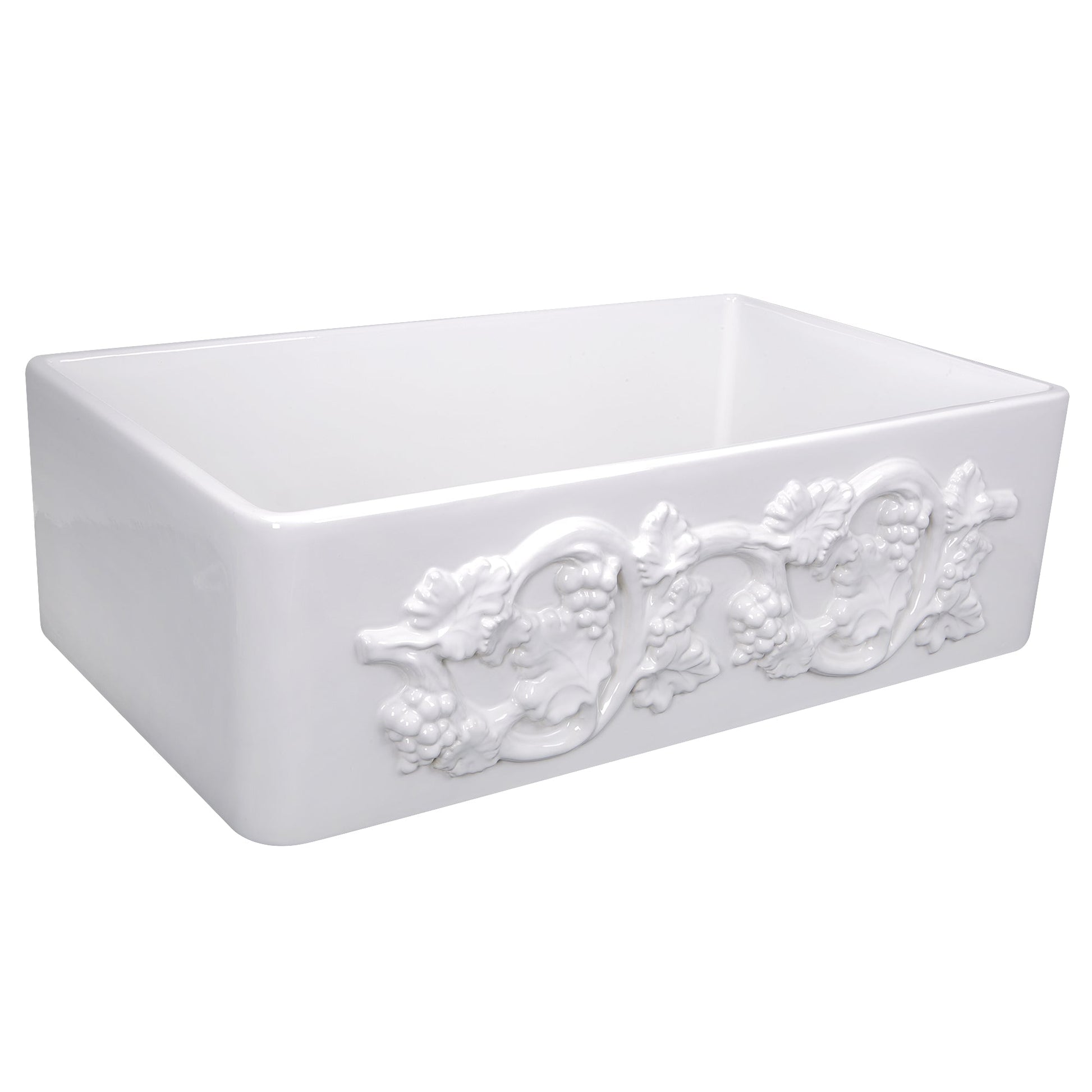 Nantucket Sinks Vineyard Collection 30" Rectangle Undermount Porcelain Enamel Glaze White Fireclay Single Bowl Farmhouse Kitchen Sink With Grapes Apron