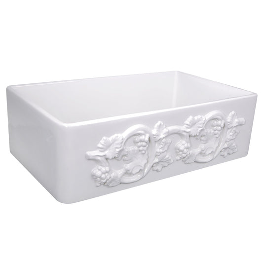 Nantucket Sinks Vineyard Collection 30" Rectangle Undermount Porcelain Enamel Glaze White Fireclay Single Bowl Farmhouse Kitchen Sink With Grapes Apron