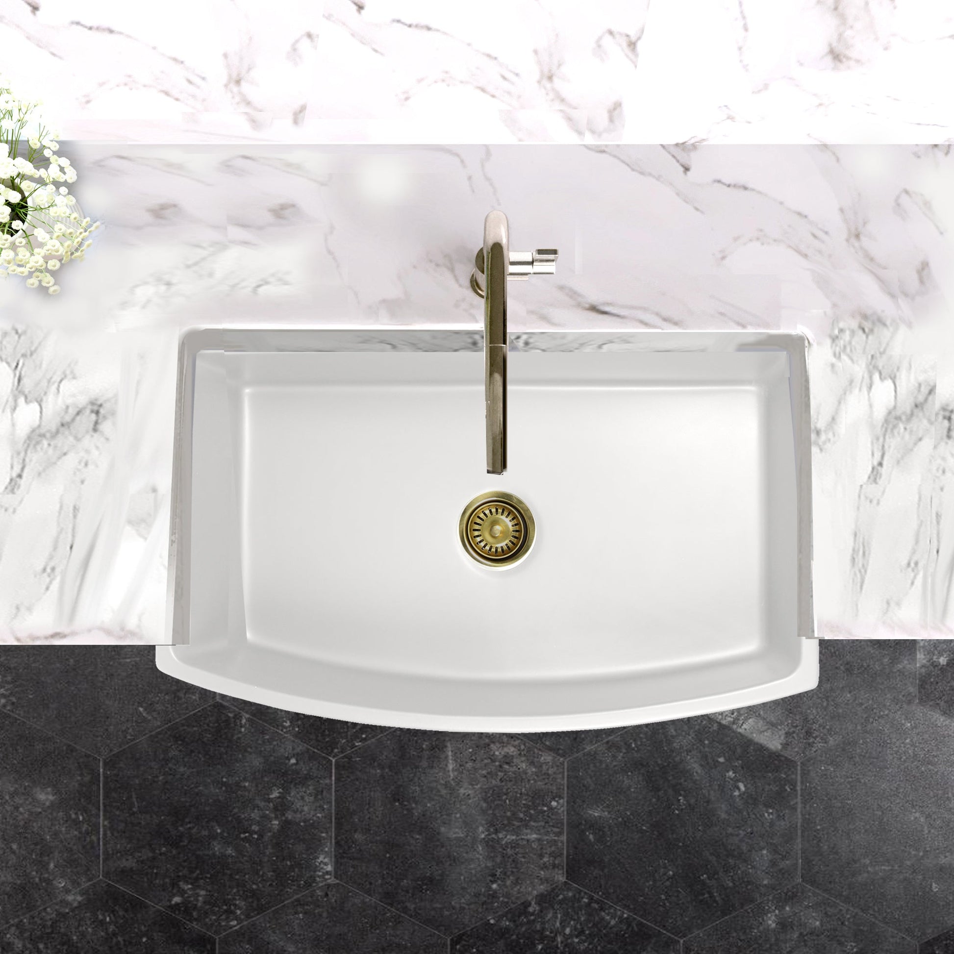 Nantucket Sinks Vineyard Collection 33" Rectangle Arched Front Undermount Porcelain Enamel Glaze White Fireclay Single Bowl Farmhouse Kitchen Sink With Curved Apron