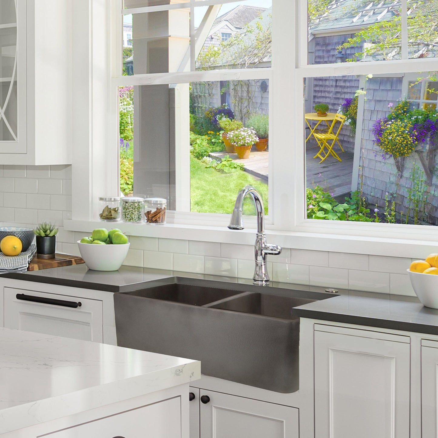 Nantucket Sinks Vineyard Collection 33" Rectangle Undermount Porcelain Enamel Glaze Concrete Grey Fireclay Double Bowl Farmhouse Apron Kitchen Sink With Concrete Finish
