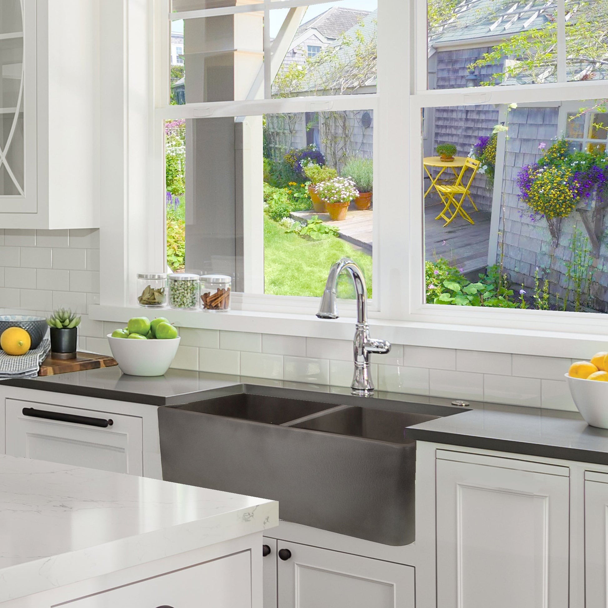 Nantucket Sinks Vineyard Collection 33" Rectangle Undermount Porcelain Enamel Glaze Concrete Grey Fireclay Double Bowl Farmhouse Apron Kitchen Sink With Concrete Finish