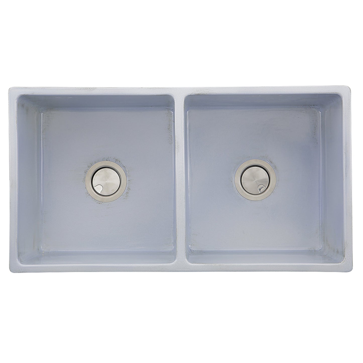 Nantucket Sinks Vineyard Collection 33" Rectangle Undermount Porcelain Enamel Glaze Light Blue Fireclay Double Bowl Farmhouse Apron Kitchen Sink With Shabby Sugar Finish