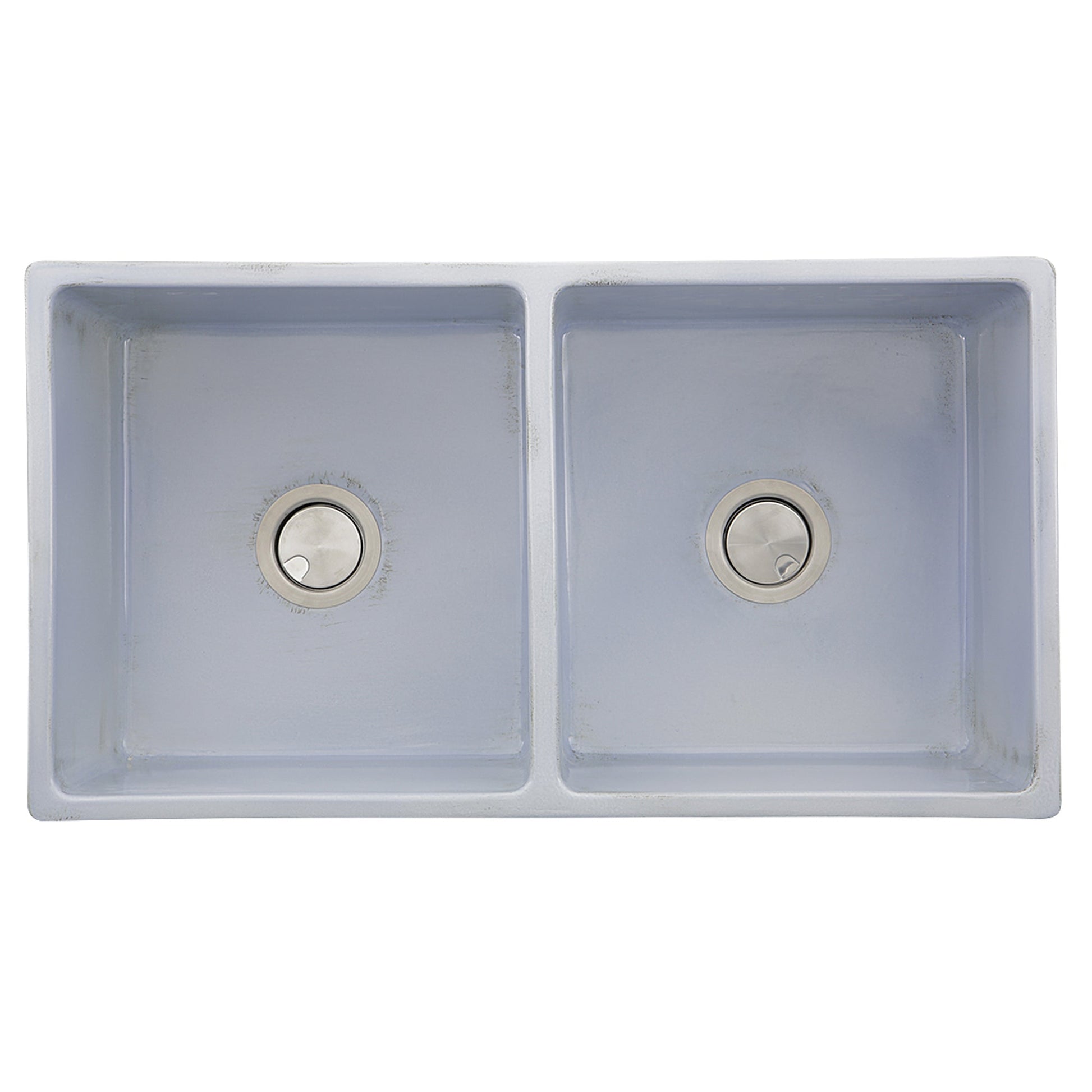 Nantucket Sinks Vineyard Collection 33" Rectangle Undermount Porcelain Enamel Glaze Light Blue Fireclay Double Bowl Farmhouse Apron Kitchen Sink With Shabby Sugar Finish
