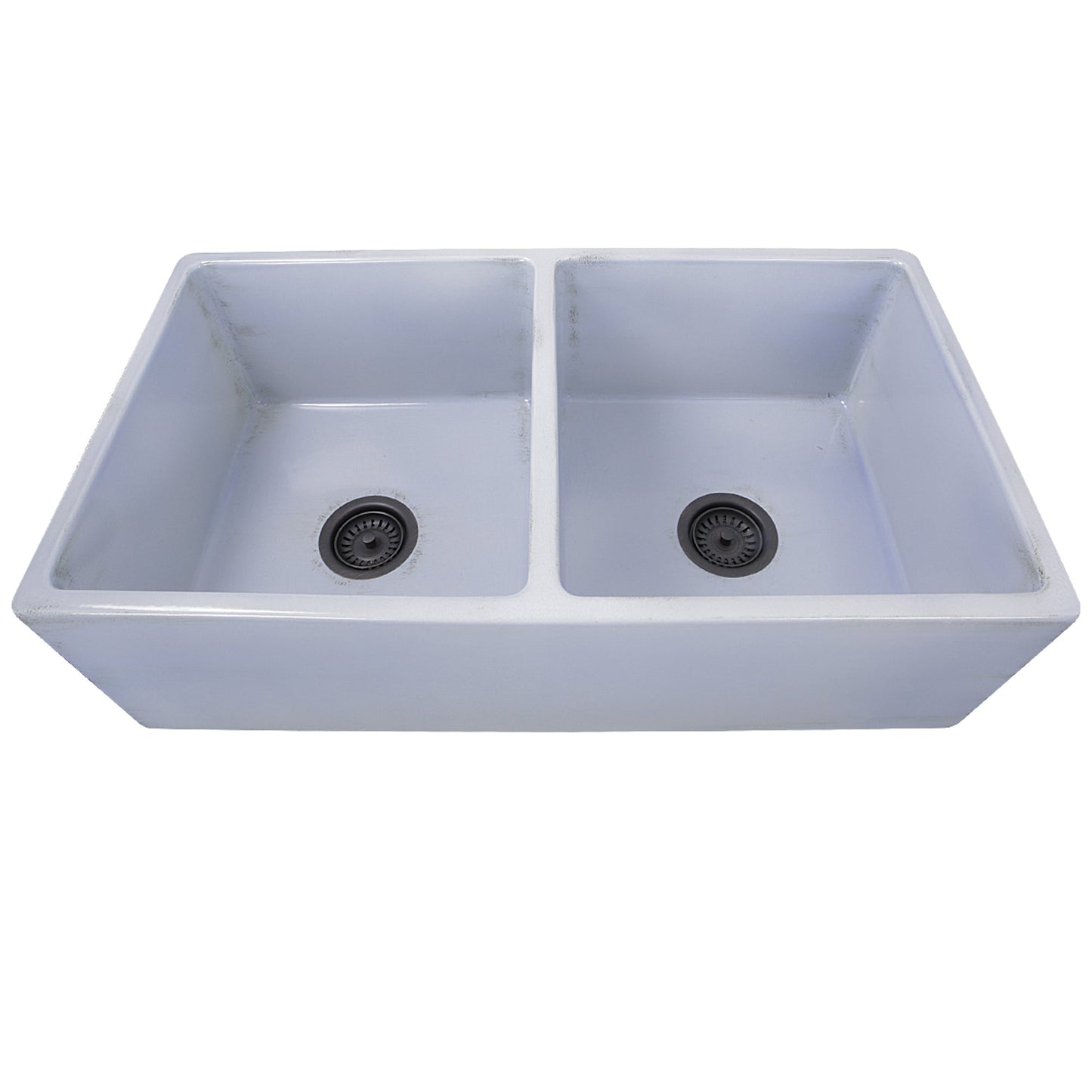 Nantucket Sinks Vineyard Collection 33" Rectangle Undermount Porcelain Enamel Glaze Light Blue Fireclay Double Bowl Farmhouse Apron Kitchen Sink With Shabby Sugar Finish