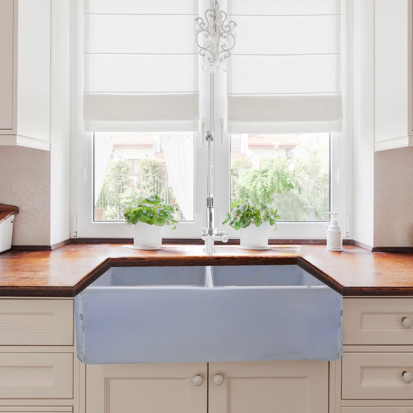 Nantucket Sinks Vineyard Collection 33" Rectangle Undermount Porcelain Enamel Glaze Light Blue Fireclay Double Bowl Farmhouse Apron Kitchen Sink With Shabby Sugar Finish