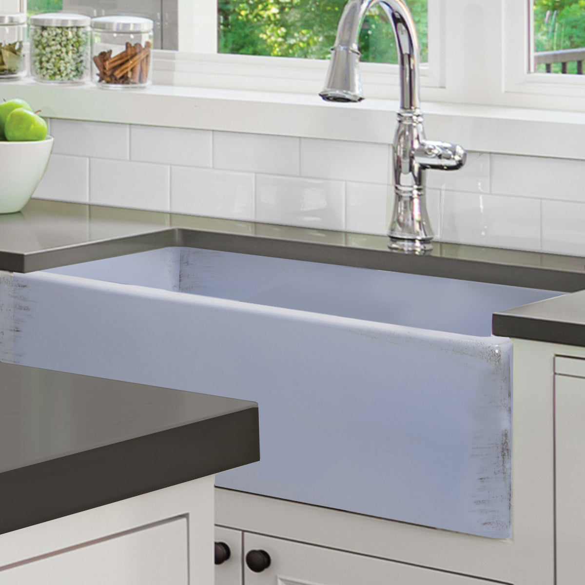 Nantucket Sinks Vineyard Collection 33" Rectangle Undermount Porcelain Enamel Glaze Light Blue Fireclay Single Bowl Farmhouse Apron Kitchen Sink With Shabby Sugar Finish