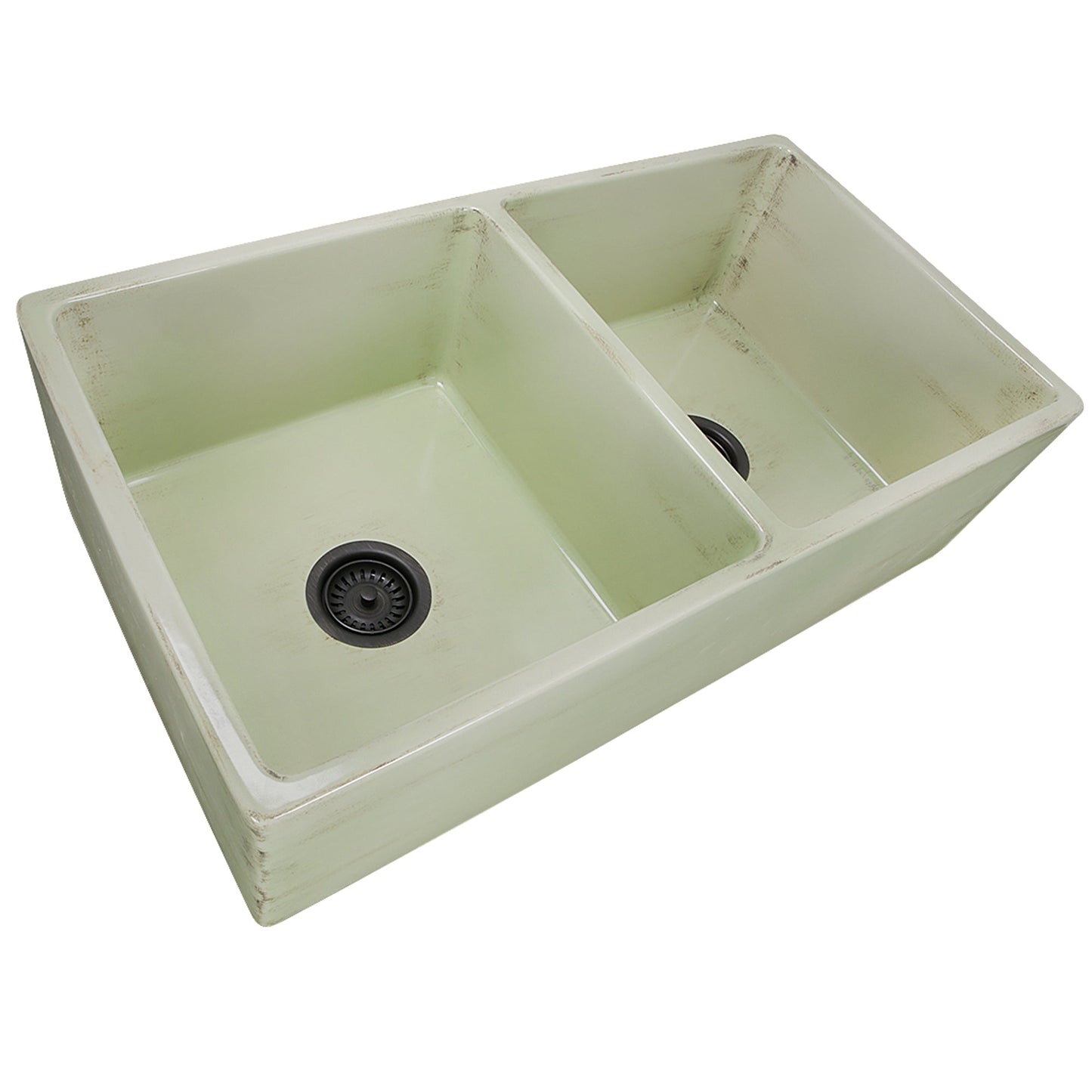 Nantucket Sinks Vineyard Collection 33" Rectangle Undermount Porcelain Enamel Glaze Light Green Fireclay Double Bowl Farmhouse Apron Kitchen Sink With Shabby Green Finish